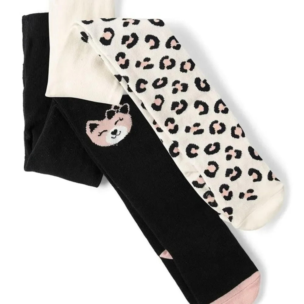Girls Gymboree Animal Leopard Print Pink & Black Tights Set of 2 Size 10-12 NEW